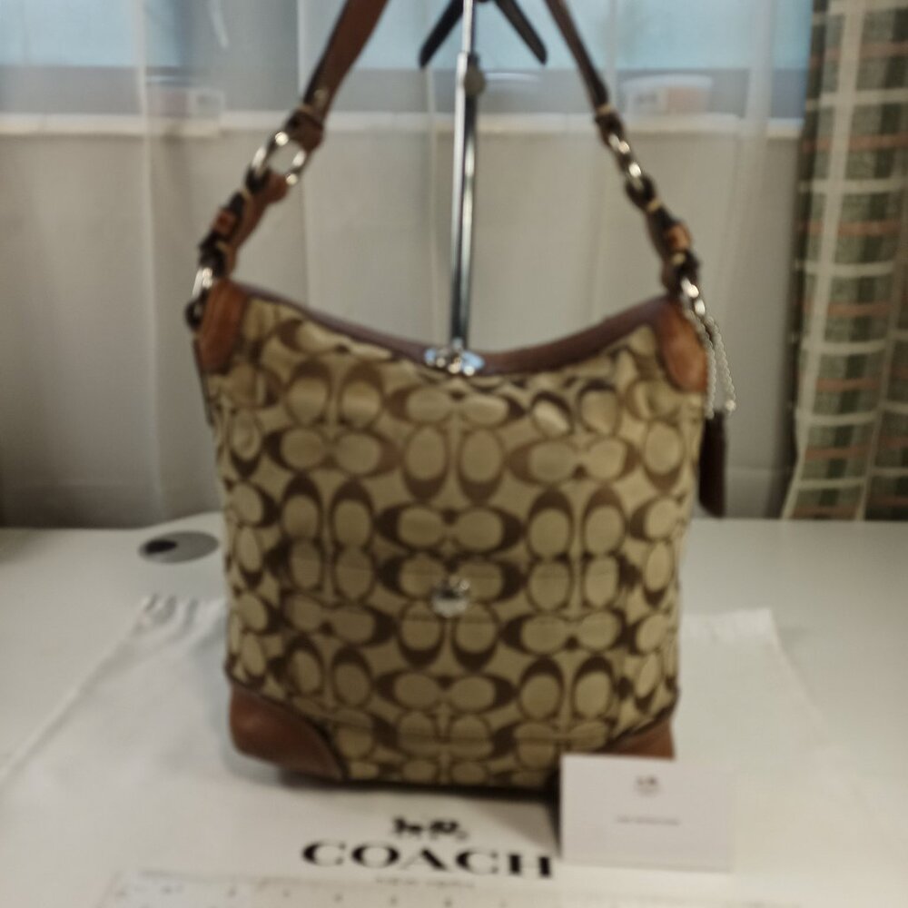 Coach Chelsea Medium Brown Tan Crossbody Purse Signature Canvas Leather Strap